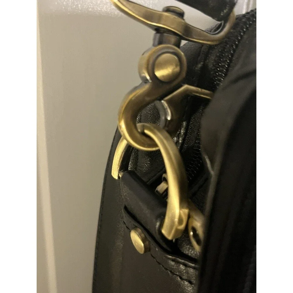 Black Leather Messenger/Laptop Bag With Pockets And Brass Hardware